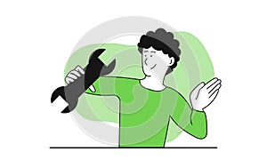 Man holding a wrench in his hand vector illustration concept. Repair site and maintenance web service for website. Page on