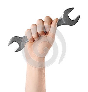 Man holding wrench isolated on white, closeup