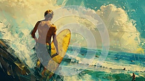 Man Holding Yellow Surfboard, Art