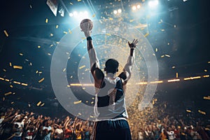 A man holds a basketball in front of a large crowd cheering at a sports stadium, Scoring the winning points at a basketball game,