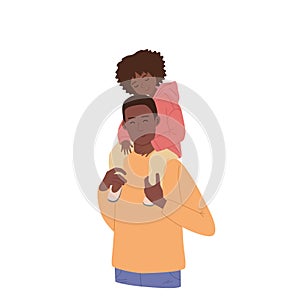 A man holds a beautiful daughter on his shoulders.The dark-skinned girl and her father smile. Illustration of happy