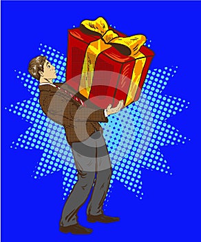Man holds big gift box. Vector illustration in retro comic pop art style. A guy with christmas or birthday present