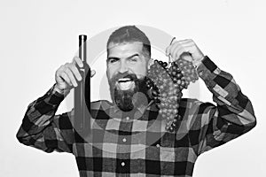 Man holds bunch of grapes and bottle of wine