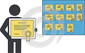 The man holds a certificate of achievement, symbolizing the race to retrain and constantly develop.