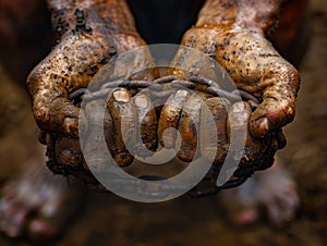 Man holds chains during Mud Day celebrations held annually in China where people play sports and entertain themselves