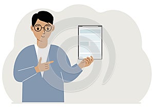 A man holds a contract or document in his hand. Vector