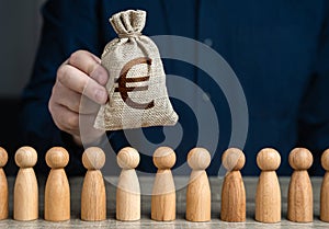 A man holds a euro money bag above the crowd. Deposits and loans. Salaries. Crowdfunding and fundraising. Budgetary funds for