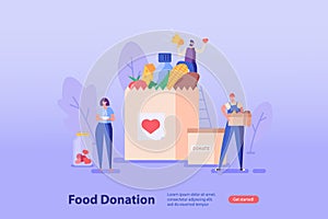 Man holds a food box in hands, woman holding a plate. Concept of help, social care, volunteering, support for poor people, food