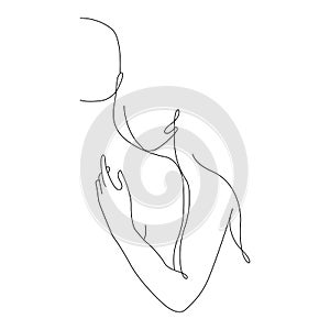 A man holds a girl in an embrace, kisses on the neck, minimalism style in one line. Design for decor, paintings, Valentine`s Day