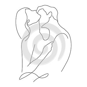 A man holds a girl in an embrace, kisses on the neck, minimalism style in one line. Design for decor, paintings, Valentine`s Day