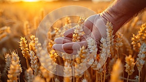 A man holds golden ears of wheat against the background of a ripening field.