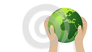 Man holds green world globe in hands earth day concept motion background