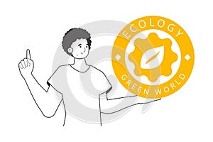 A man holds a green world logo in his hand. Lineart style. Isolated on white background. Vector illustration.