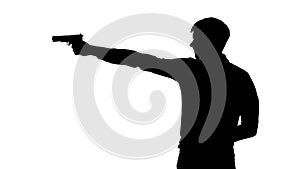 Man holds a gun in an arm. Silhouette. White