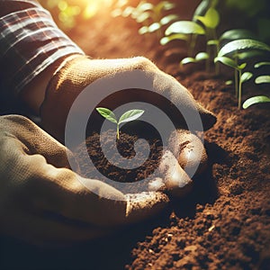 The man holds a handful of soil with growing seedlings. A young green sprout in the hands of a male farmer.