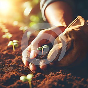 The man holds a handful of soil with growing seedlings. A young green sprout in the hands of a male farmer.