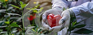 a man holds a heart in his hands on the background of nature