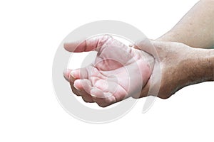 Man holds his hand acute pain in a wrist isolated on white