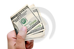 Man holds in his hand a hundred dollars and pays