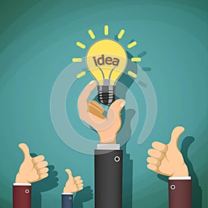 Man holds in his hand light bulb with the word idea. Stock vector illustration.