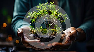 man holds in his hands hemisphere with green tree, climate change, environment concept. AI generated