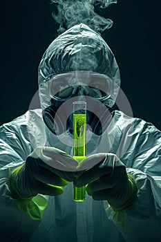 a man holds in his hands a test tube with a bright green liquid