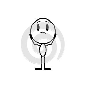 The man holds his head and is very upset about something. Cartoon character. Vector line illustration on a white