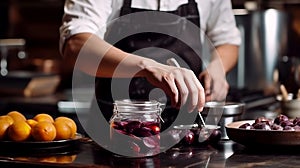 A man holds a jar of fermented fruit. The chef prepares a plum dessert in the kitchen. Fruit fermentation.