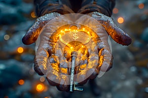 A man holds a key in the shape of a heart in his hands, GenerativeAI