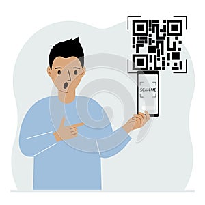 A man holds a mobile phone in his hand with the text scan me and scans the qr code, which is located nearby.