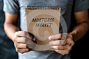 A man holds a notebook with the words Mortgage Market. Concept of mortgage and loan rates. Real estate and housing loans