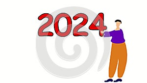 A man holds the number 2024. New Year, holiday, congratulations. Cartoon man character animation. Template for 4k video looped