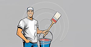 Man holds paintbrush near bucket of paint with arm