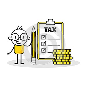 Man holds a pencil and check step by step checklist to progress and finish calculate tax. Hand drawn doodle boy