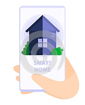 Man holds phone in hand. Application that controls smart house system