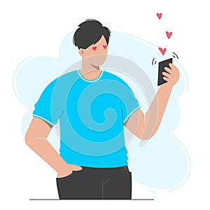 Man holds a phone in his hand, he has received a love message. The concept of web love, online dating. Romantic date video