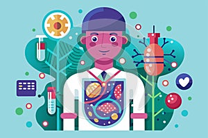 A man holds a plate adorned with a science motif, Lymphoma Customizable Flat Illustration