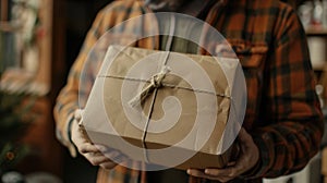 The man holds the received parcel in a cardboard box