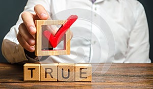 A man holds a red check mark over word True. Confirm the veracity and truth. Fight against fake news hostile propaganda