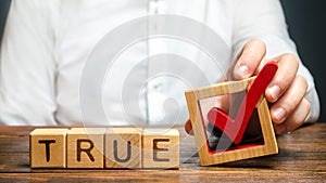 A man holds a red check mark over word True. Confirm the veracity and truth. Fight against fake news hostile propaganda.