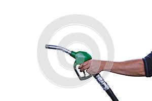 Man holds a refueling gun in his hand for refueling cars isolated on white background. Gas station with diesel and gasoline fuel