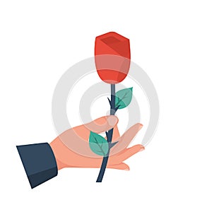 Man holds a rose in hand. Red rose icon.