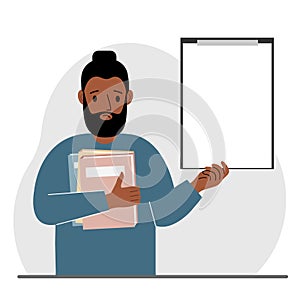 A man holds a stack of books in one hand, a clipboard in the other, space for text. Knowledge, education, teaching