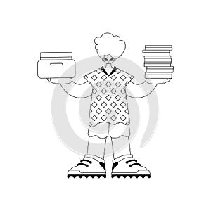 Man holds stacks of papers in linear vector illustration.