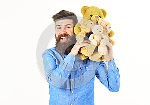 Man holds teddy bears Pretty toy concept.