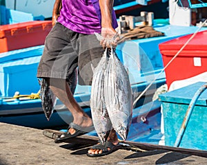 A man holds two tuna in his hands, Male, Maldives. Close-up.