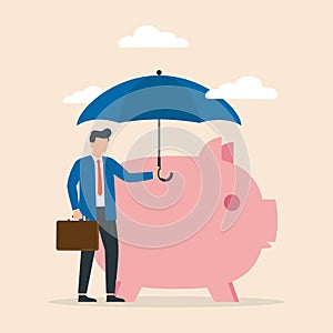 Man holds an umbrella over piggy bank with coins. Insurance and finance saving protection in economy crisis
