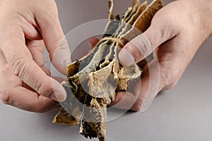 A man holds up dog treats tied with twine. Long dried plates of