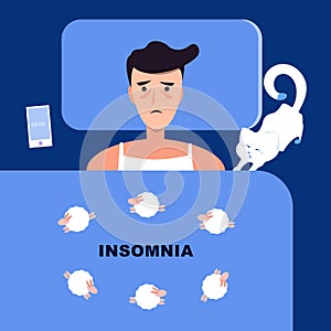 Man at home bedroom lying in bed late at night trying to sleep suffering insomnia sleeping disorder or scared