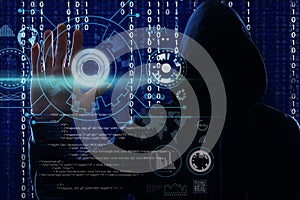 Man in hood and digital binary code on dark background. Cyber attack concept